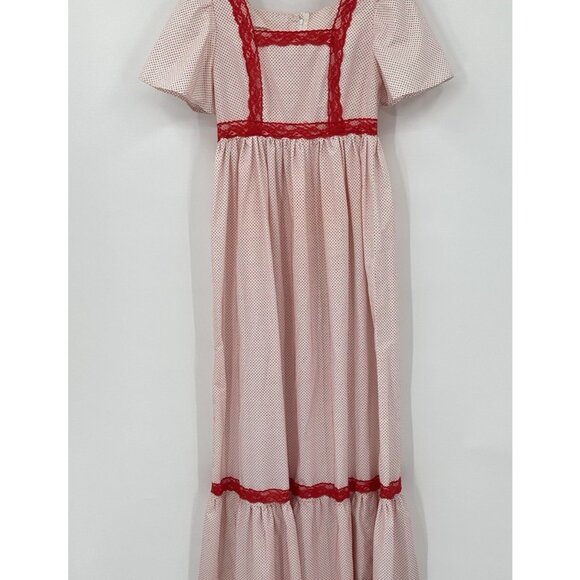 vintage 70s HIPPIE BOHO MAXI DRESS polka dot flutter sleeve lace red white XS S - Picture 2 of 10